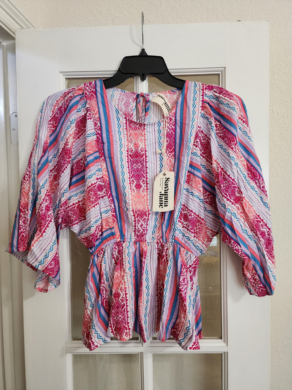 NWT Savanna Jane Boho Tribal Print Rayon Peasant Blouse Top Small